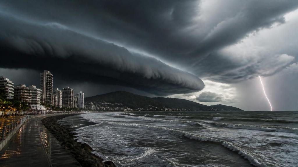 Nuvem de tempestade e raio sobre a orla de Itapema, em Santa Catarina
